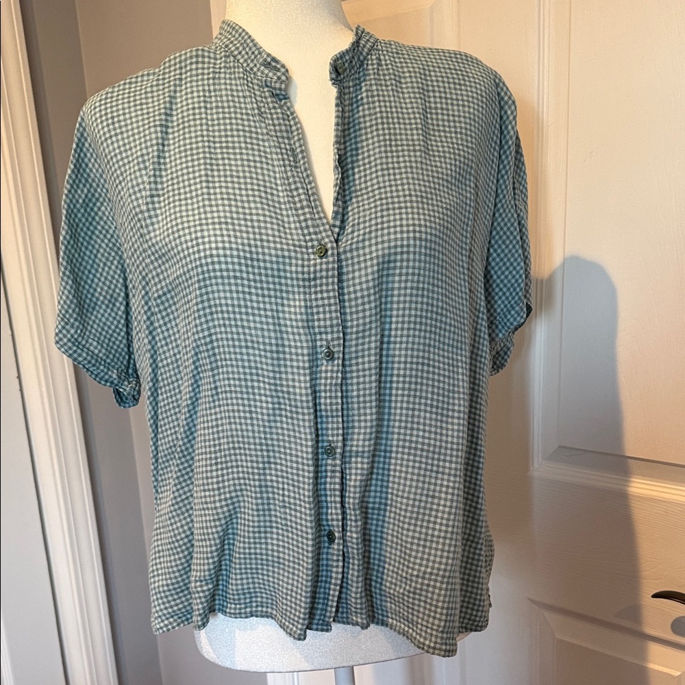 Eileen Fisher Linen Teal/Green and White Checkered Top